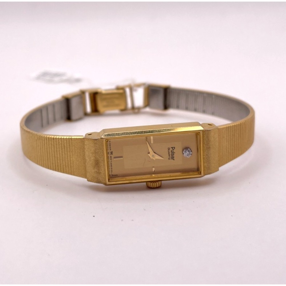 Vintage Pulsar Quartz Ladies Watch Gold Tone Mesh Band Stone Accent Untested